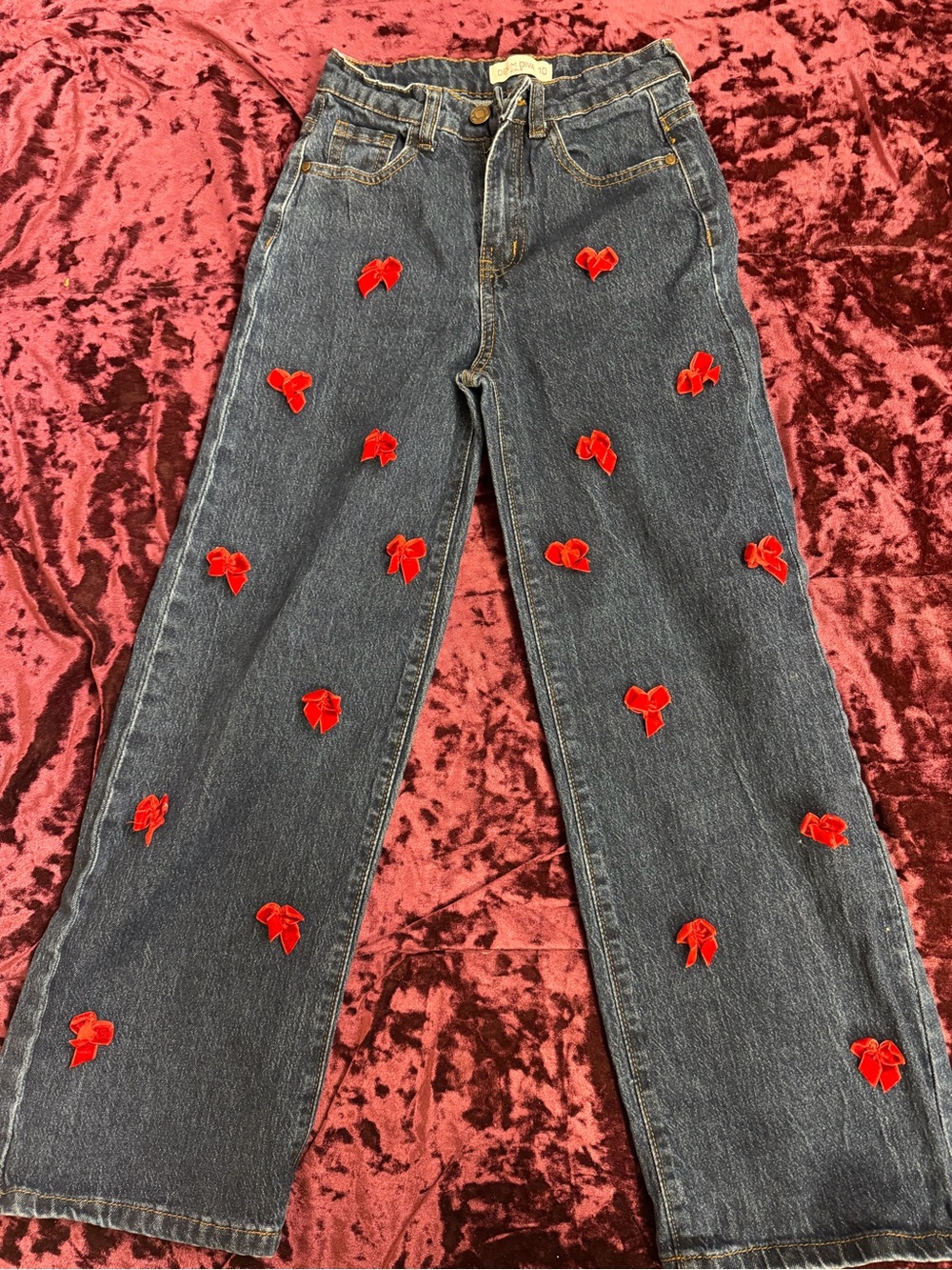 Kids Dark Wash Jeans with Red Bow Appliqués